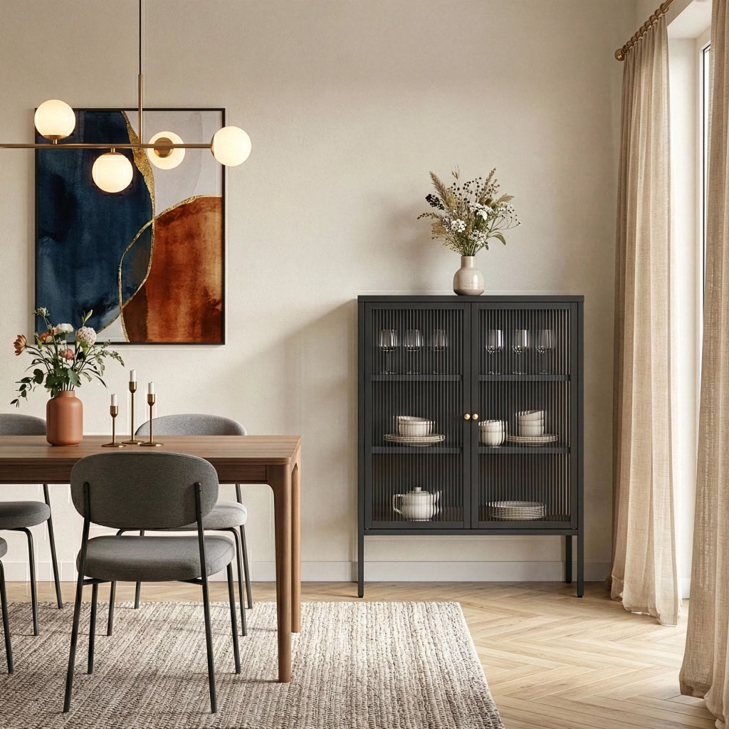 Credenza Vinterhavn in Acciaio Nero con 2 Ante in Vetro Scanalato 100x80x30 cm [en.casa]