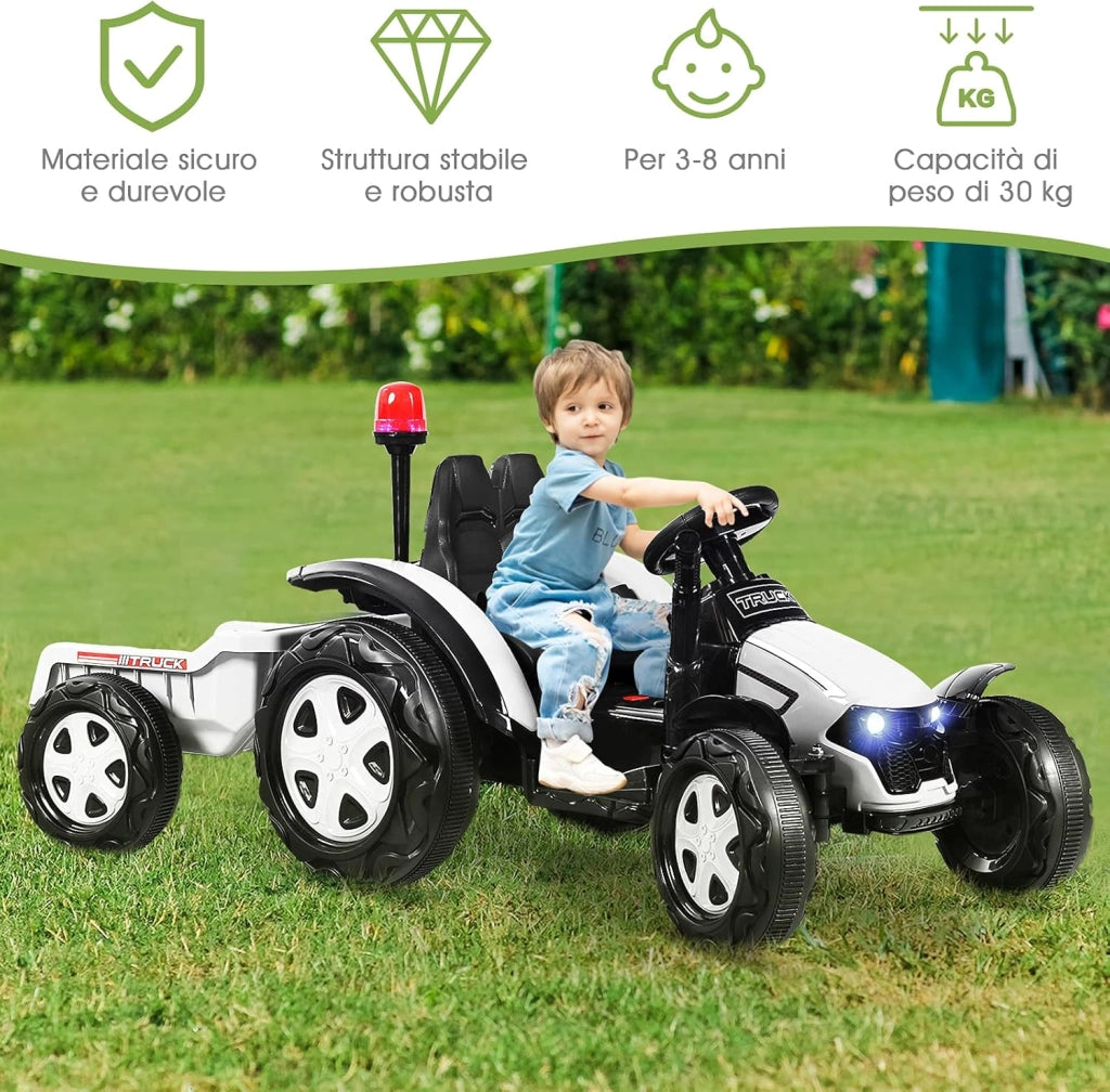 Trattore Elettrico per Bambini con Rimorchio, 2 in 1 Go Kart e Trattore per Bambini 3-8 Anni, con Telecomando e Cintura di Sicurezza a 2 Punti (Bianco)