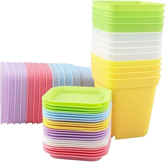 Set di 24 Vasi di Plastica Colorati con Piatto Sotto - Adatto per Frutta, Verdura, Piante Grasse