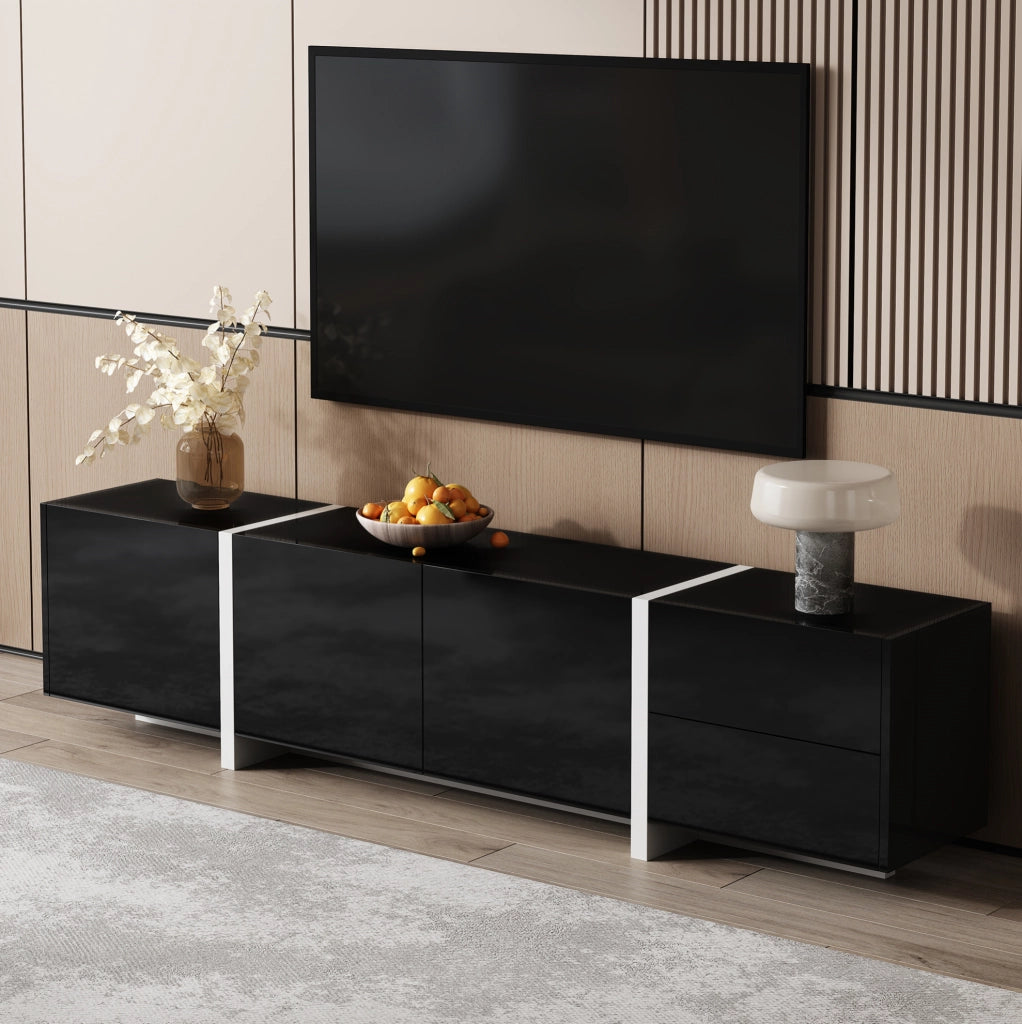 Mobile TV 170x30x39 cm con 3 ante; cassetto e anta a ribalta in truciolare nero e bianco