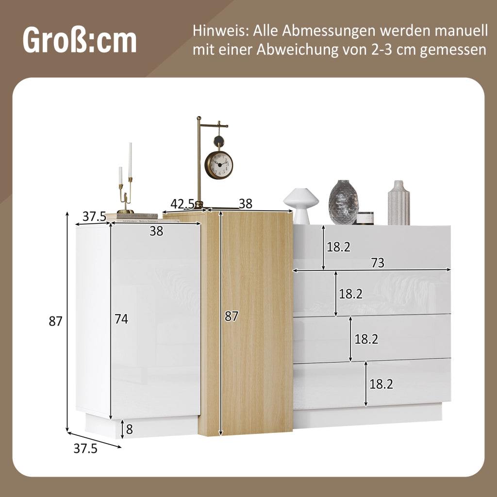 MADIA 140x35x76,5 cm Bianca lucida MDF con 4 cassetti e 2 ante