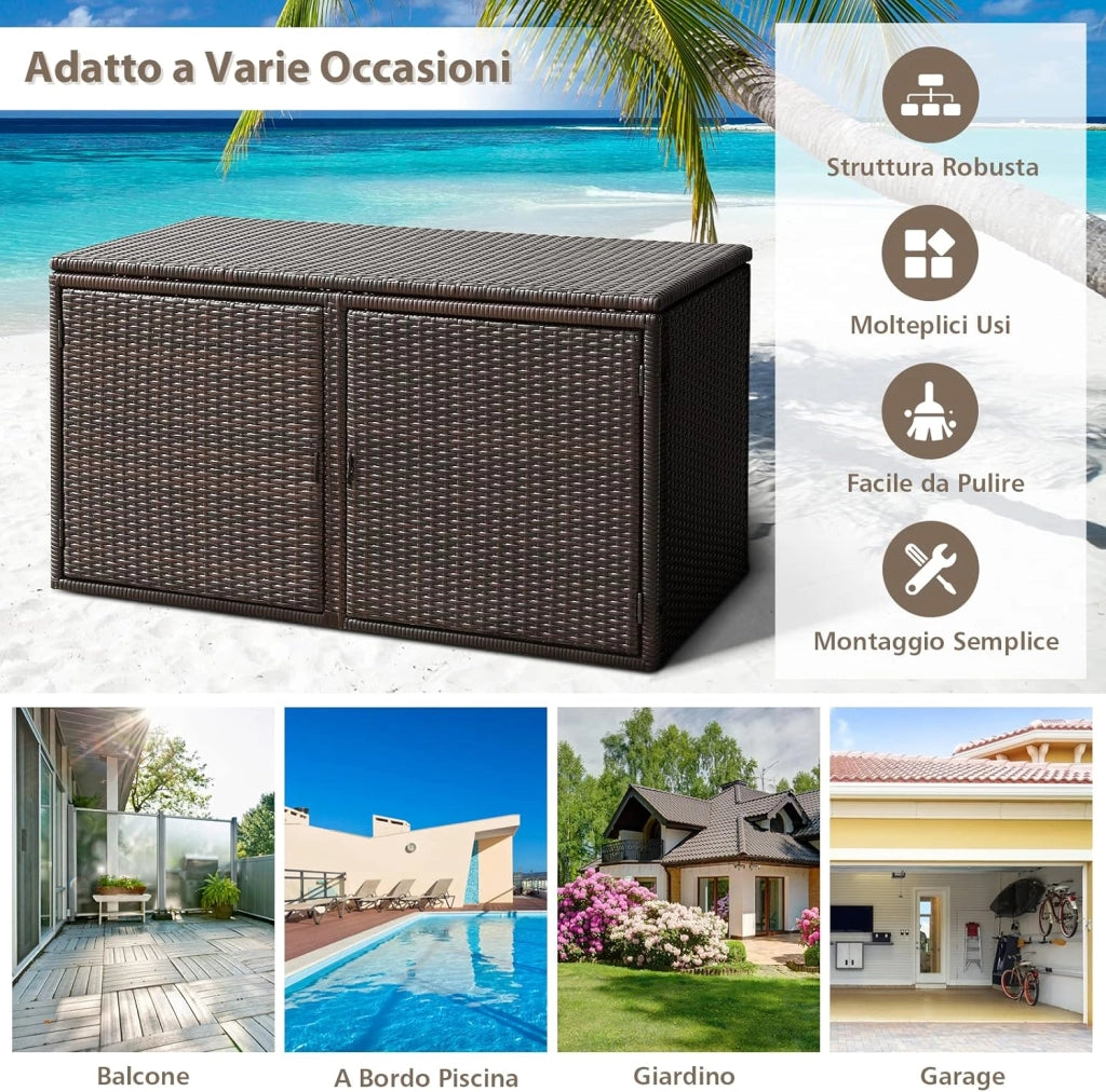 Baule Contenitore da 335L, con Coperchio e 2 Ripiani, Contenitore da Giardino con Telaio in Acciaio, Box per Conservazione di Attrezzi Giocattoli Accessori (Marrone)