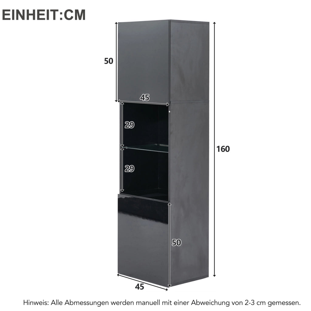 Vetrina 45x35x160 cm con LED e ripiano in vetro temperato in truciolare nero