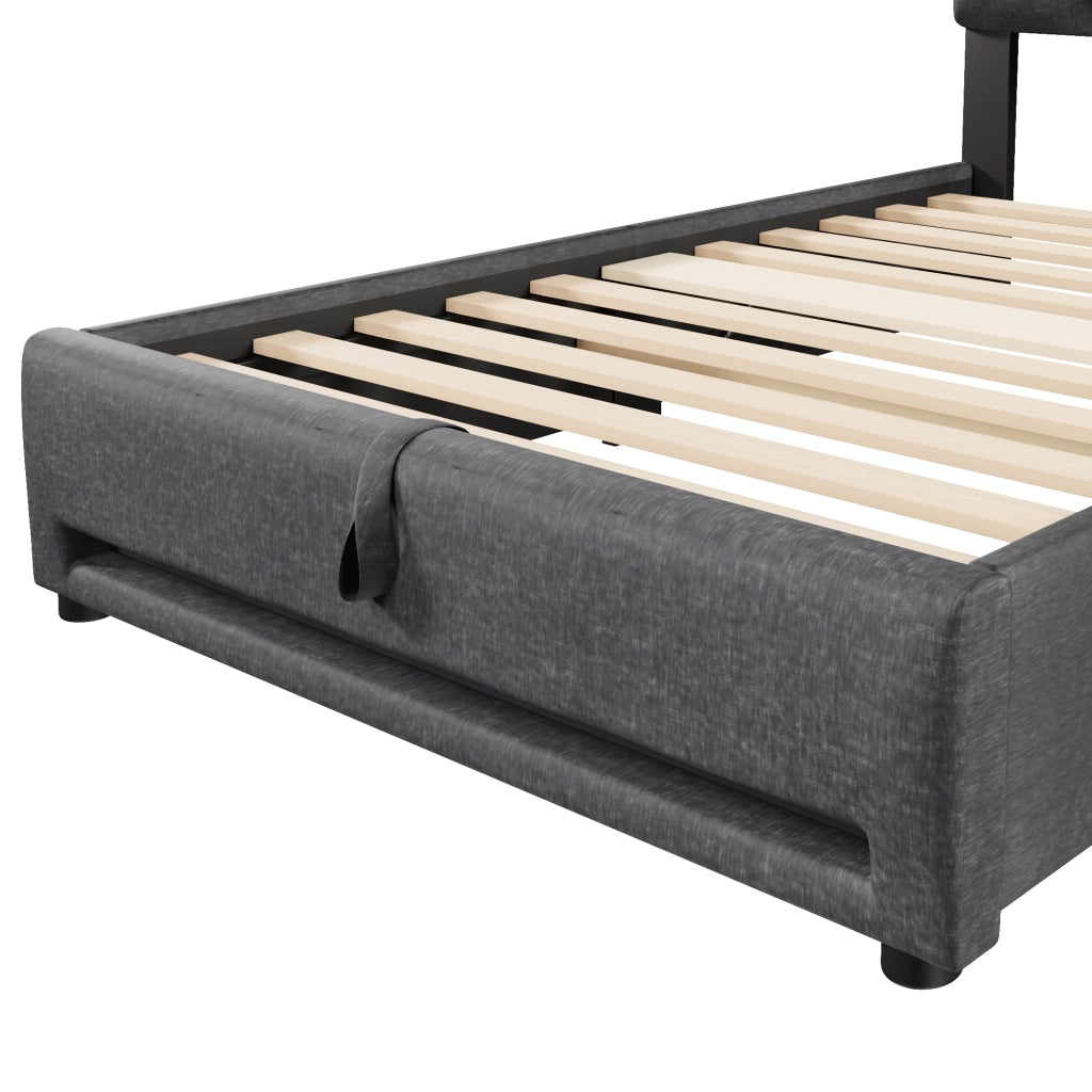 Letto singolo imbottito 90x200cm con portaoggetti a LED e idraulici in lino grigio