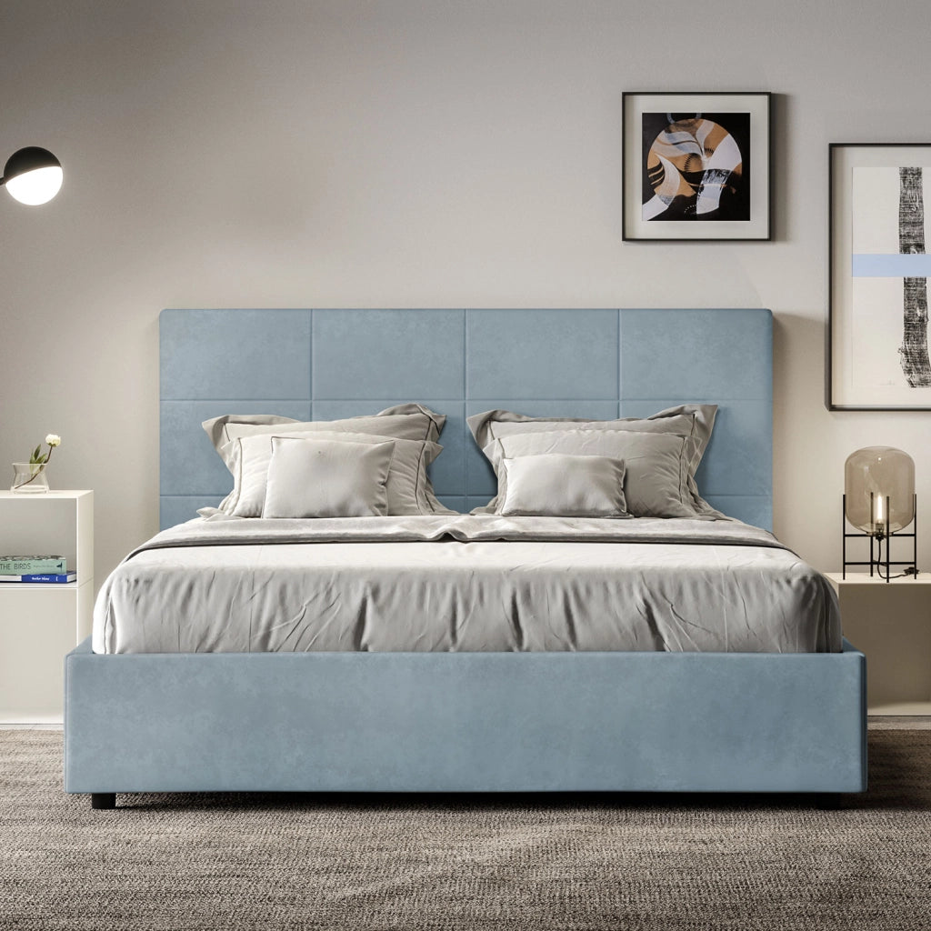 BS COM Letto queen size contenitore imbottito 150x200 microfibra azzurro