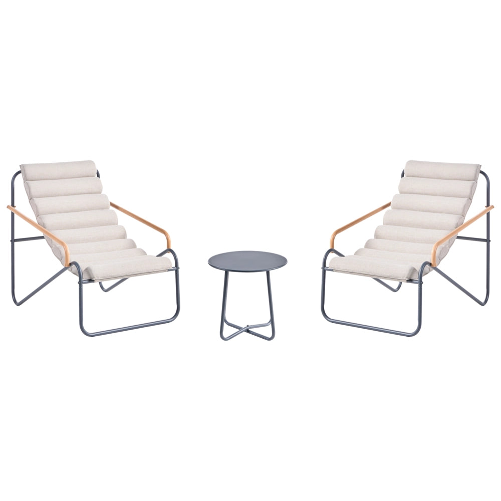 Set da salotto da esterno con struttura in acciaio grigio scuro e sedute in tessuto 2 poltrone e tavolo