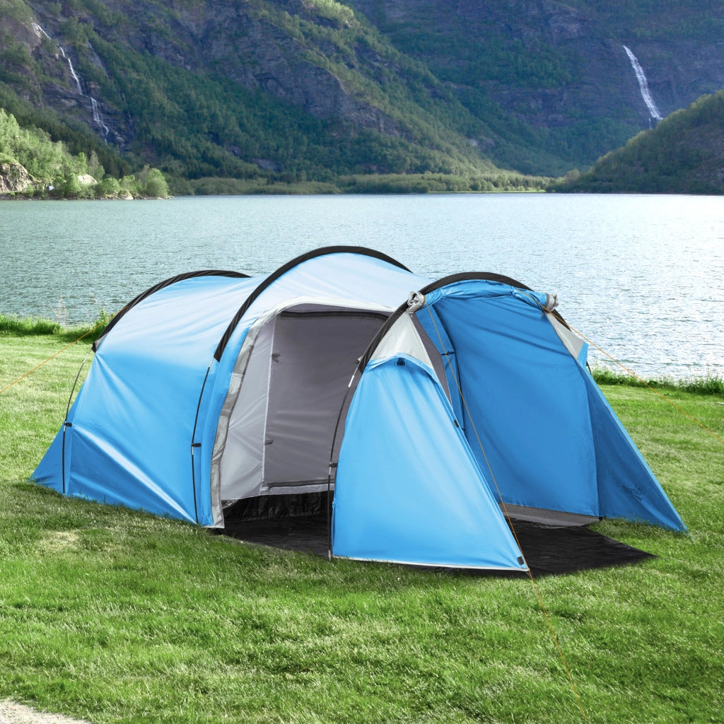 Tenda a tunnel per 2-3 persone, tenda da campeggio 190T con picchetti, in fibra di vetro e poliestere, azzurra, 426x206x154 cm