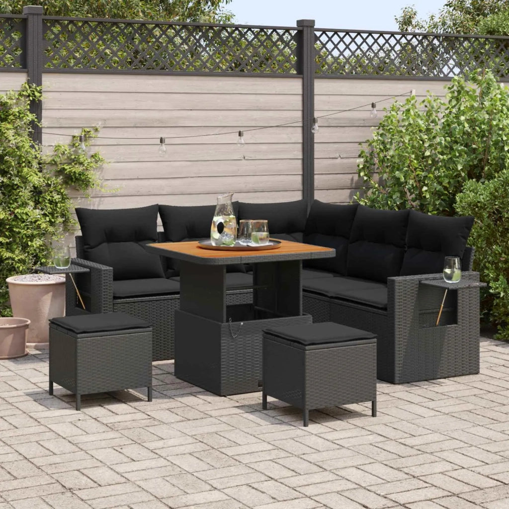 Set Divano da Giardino con cuscino 9 pcs Nero polyrattan