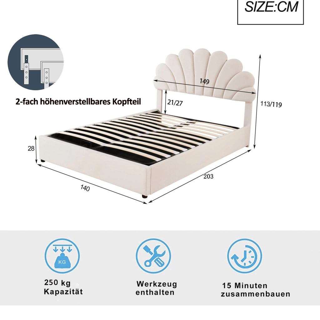 DESMIU Letto contenitore Letto Matrimoniale con testiera regolabile, vano idraulico, 140 × 200 cm, senza materasso