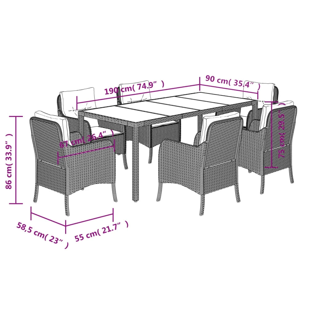 Set da Pranzo da Giardino 7 pz Nero con Cuscini in Polyrattan 3211846