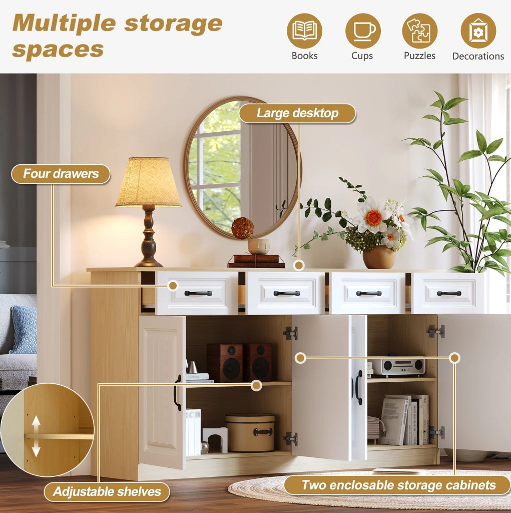 Credenza sideboard 160 cm con 4 cassetti e 4 ante; ripiani interni; MDF bianco