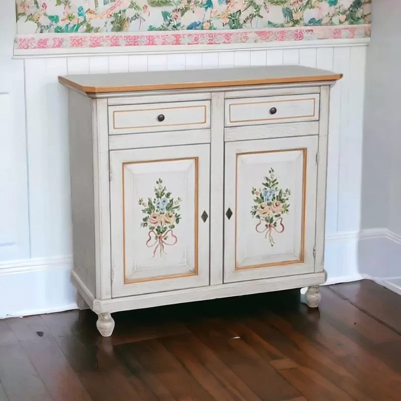 Credenza 2 porte legno shabby bianco anticato filo arancione decori 105x45x98 - Mobili 2G