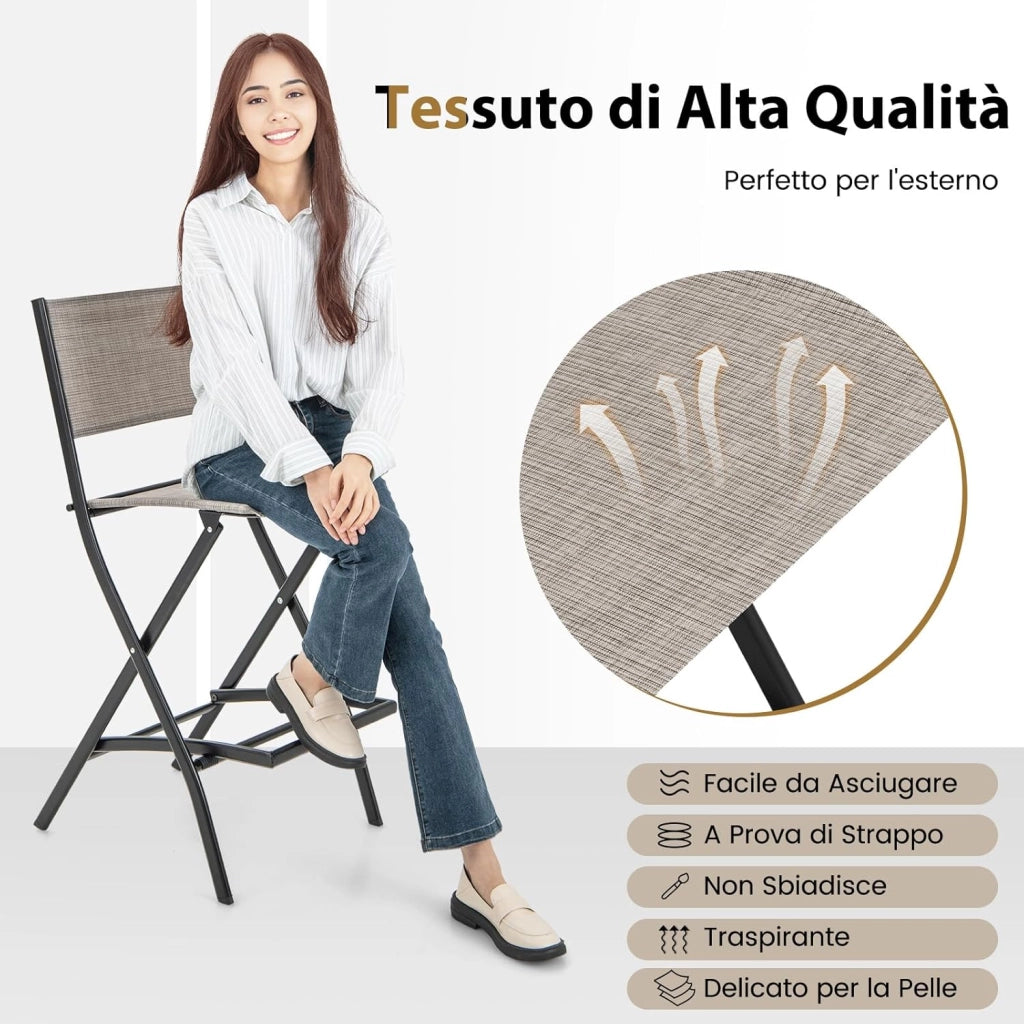 Set di Sgabelli da Bar 2 Pezzi, Sedie Alte e Pieghevoli con Telaio in Metallo e Poggiapiedi, Sedie da Bar per Balcone, Giardino e Piscina (Caffè)