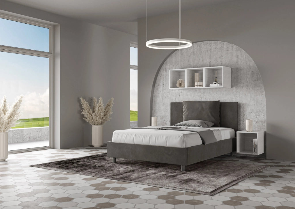 BS COM Letto queen size senza rete imbottito 150x210 microfibra grigio