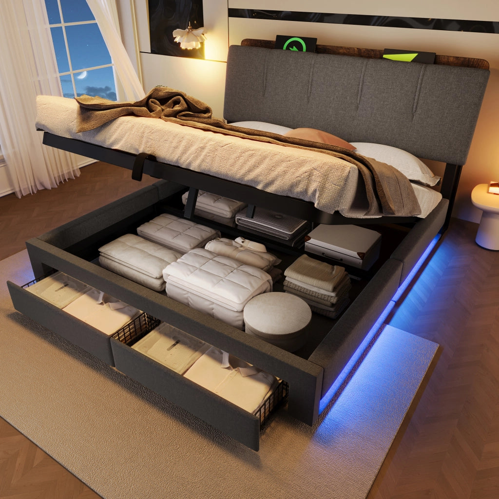 LETTO Contenitore 140x200 cm Grigio in lino con USB e Type-C