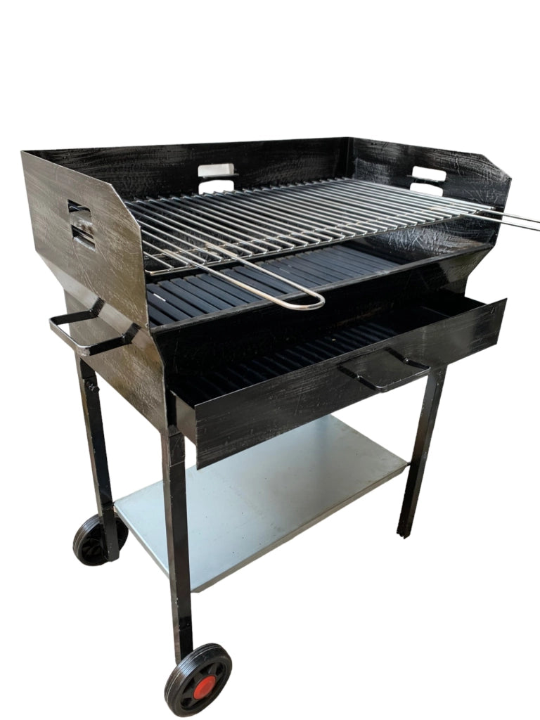 Barbecue a Legna e Carbonella in Ferro, con Ruote, Regolabile su 2 Altezze, Griglia in Acciaio, Ripiano poggia utensili 70x38 cm