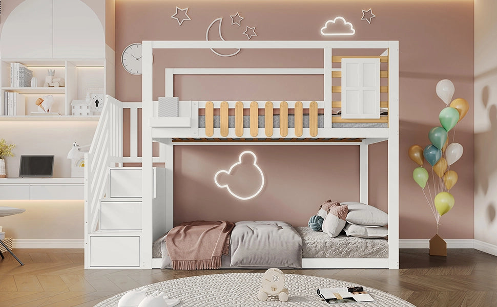 Letto a castello con scala funzione contenitiva in legno massello di pino e MDF 90x200 cm