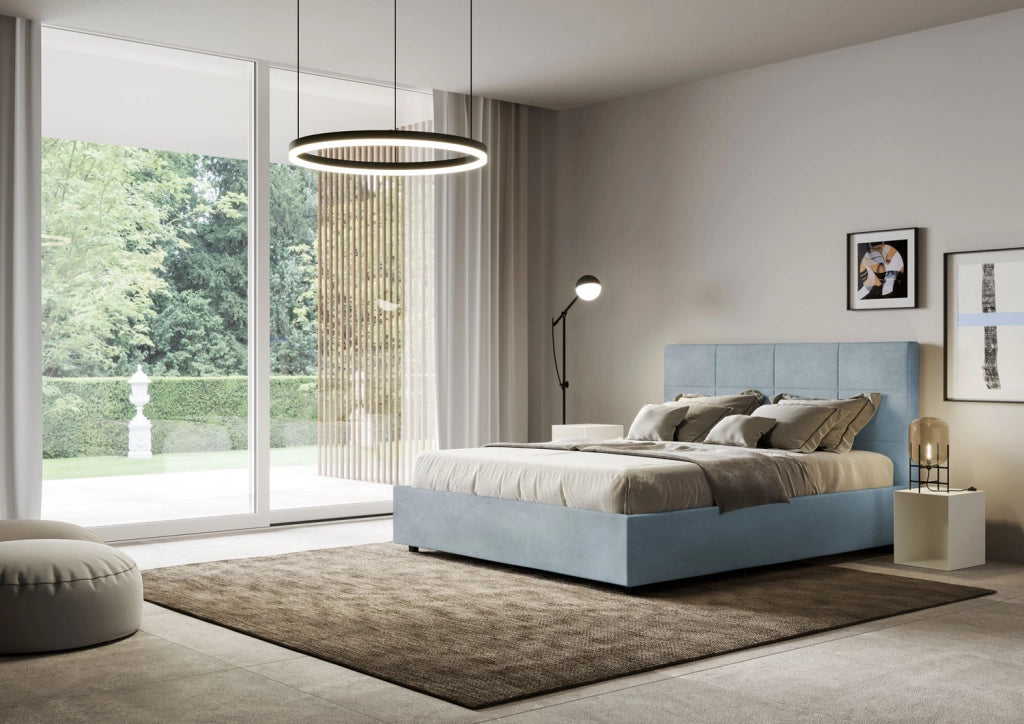 BS COM Letto queen size contenitore imbottito 150x190 microfibra azzurro