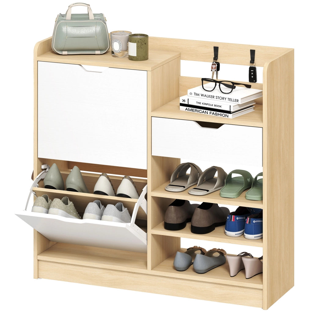 Scarpiera con cassetti e appendiabiti ¨C zephmum ¨C bianco e naturale, 4 ganci per 14 paia di scarpe