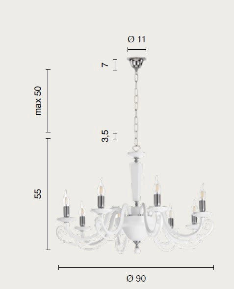 LAMPADARIO CHERUBINI 8 LUCI BIANCO E CROMO ATTACCO E14 D.90CM