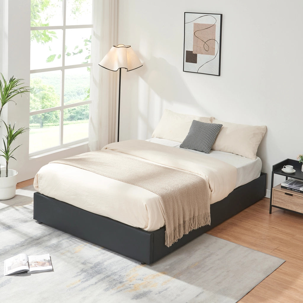 Letto Francese Contenitore Nola 140x200 cm Apertura a Ribalta Rivestito in Similpelle - Nero [en.casa]