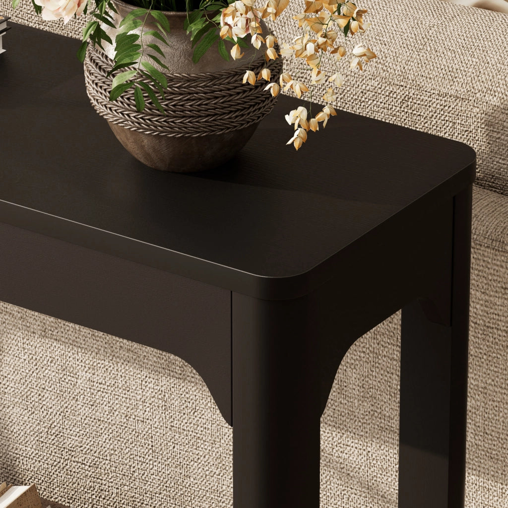 Tavolo consolle nero 140 cm con ripiani aperti, struttura in MDF, design moderno minimalista