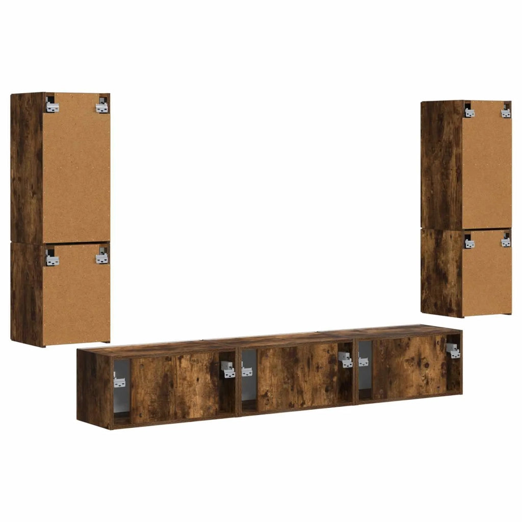 Set mobile TV 4 pz-Credenza per TV Rovere fum¨¦ Legno multistrato 584217