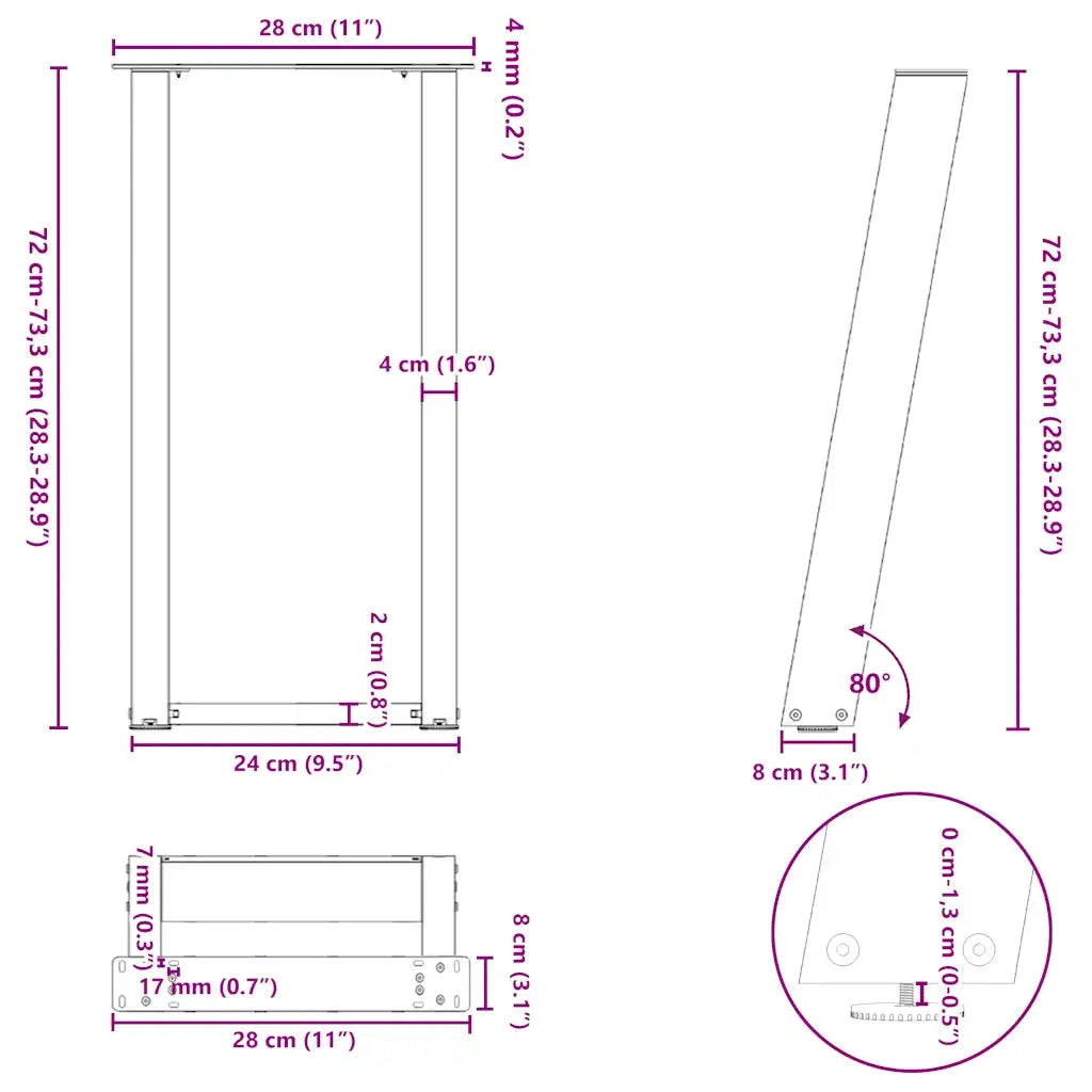 Gambe per tavolo consolle a forma di U 2 pz | Piede del tavolo in acciaio naturale 28x(72-73) cm