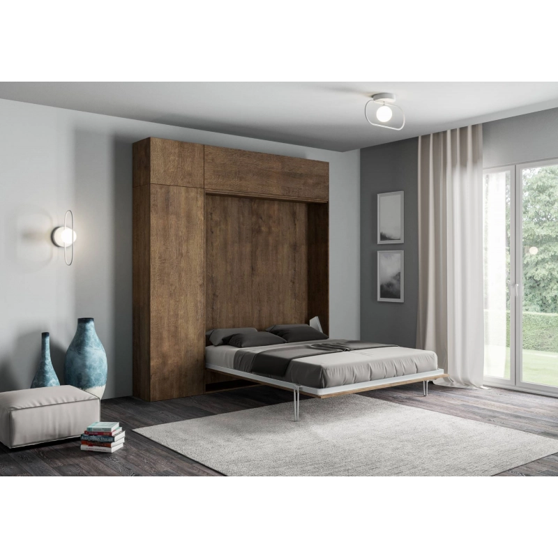 Letto a scomparsa 160 verticale Kentaro con colonna e pensili - Noce