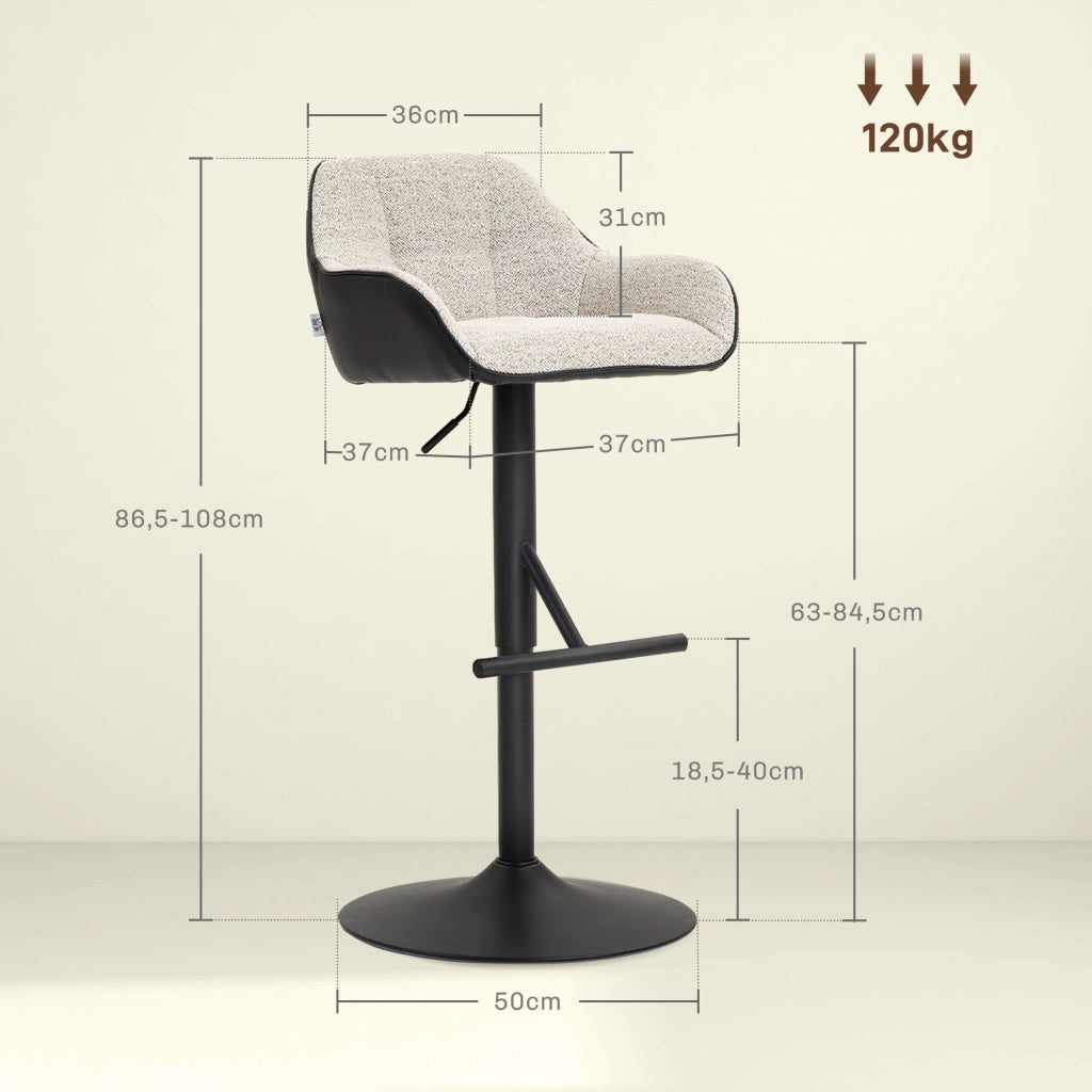 Sgabello da Bar Regolabile ¨C Xylo ¨C Tessuto Effetto Lino Grigio Base Acciaio Set 2 Pezzi