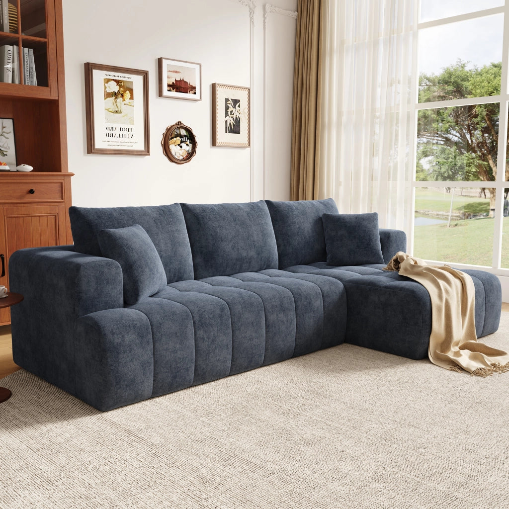 Divano angolare modulare senza struttura 3 o 4 posti con cuscini, in Chenille Blu