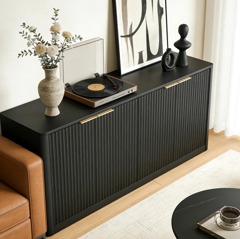Credenza moderna 150 cm con 4 ante; design ondulato; in MDF nero