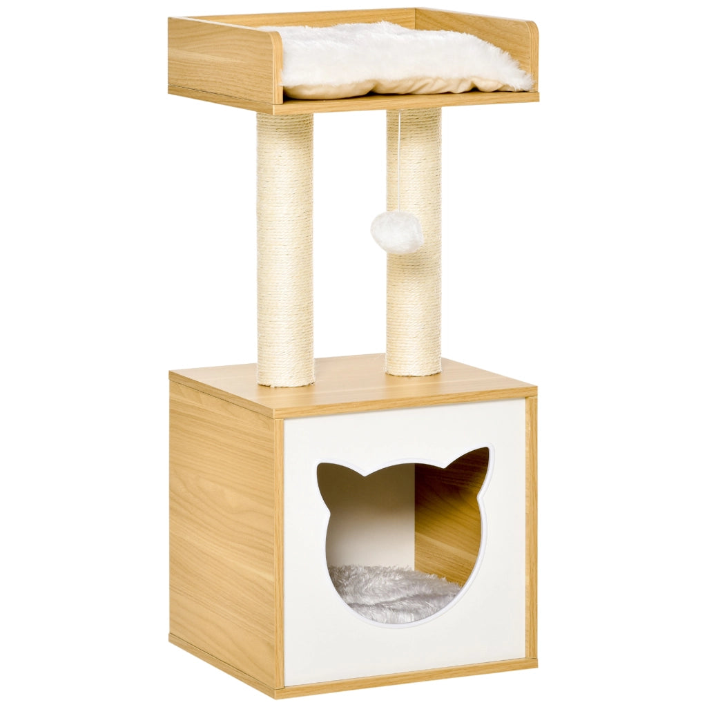 Casetta per Gatti con Pali Tiragraffi in Sisal, Cuscini Lavabili e Pallina ¨C zephmum ¨C Quercia 35x35x81cm