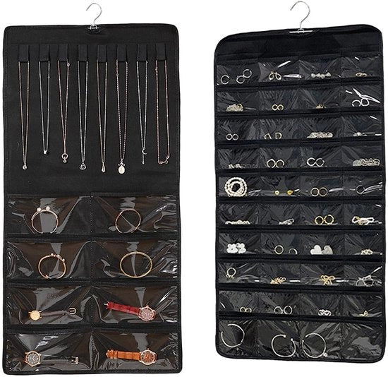 Organizzatore di gioielli a doppia faccia - 48 cassette - Orecchini, collane e anelli - Disegno spazievitore - Sostegno per orecchini, collane e anelli