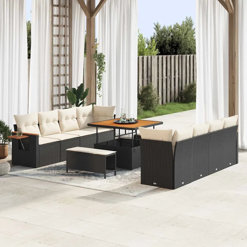Set Divano da Giardino 12 pcs Nero e Crema polyrattan