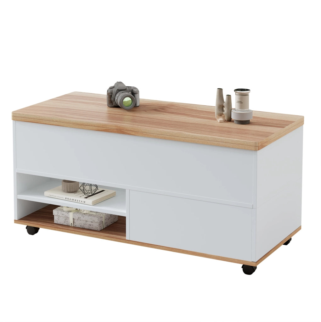 Tavolino da salotto rialzabile 100 x 98 x 65 cm in truciolare; bianco e effetto legno naturale