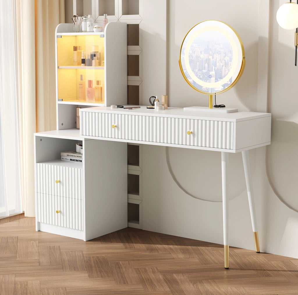 Tavolo da trucco 100x40x125 cm con specchio LED a tre colori; 4 cassetti; pannello truciolare bianco