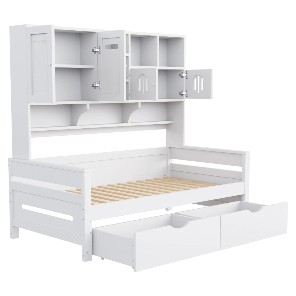 Letto multifunzione 90 x 200 cm in legno con ampio spazio contenitivo, 2 cassetti grandi, struttura bianca, senza materasso