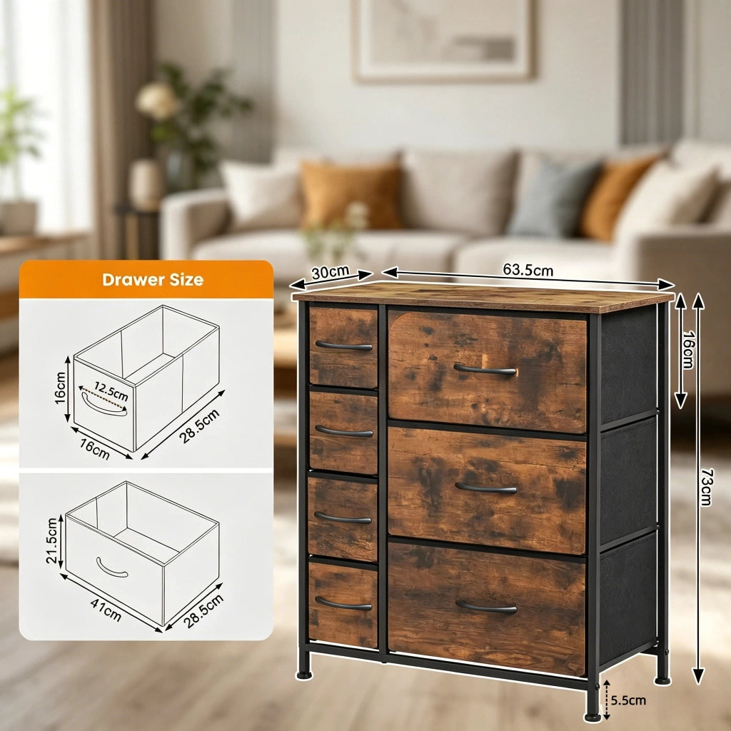 Cassettiera vintage autoportante con 7 cassetti in tessuto, struttura in metallo e legno, 63,5 x 30 x 73 cm