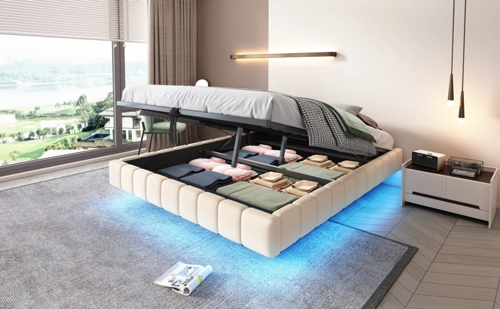 DESMIU Letto Contenitore Letto Matrimoniale con LED Regolabile e Vano Contenitore 160 × 200 cm, Senza Materasso