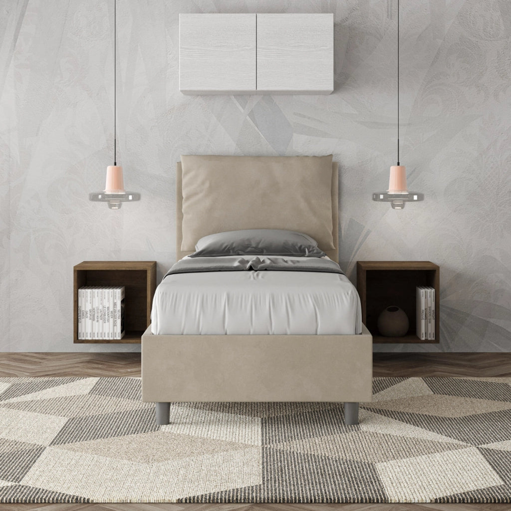 BS COM Letto singolo contenitore imbottito 90x200 microfibra sabbia