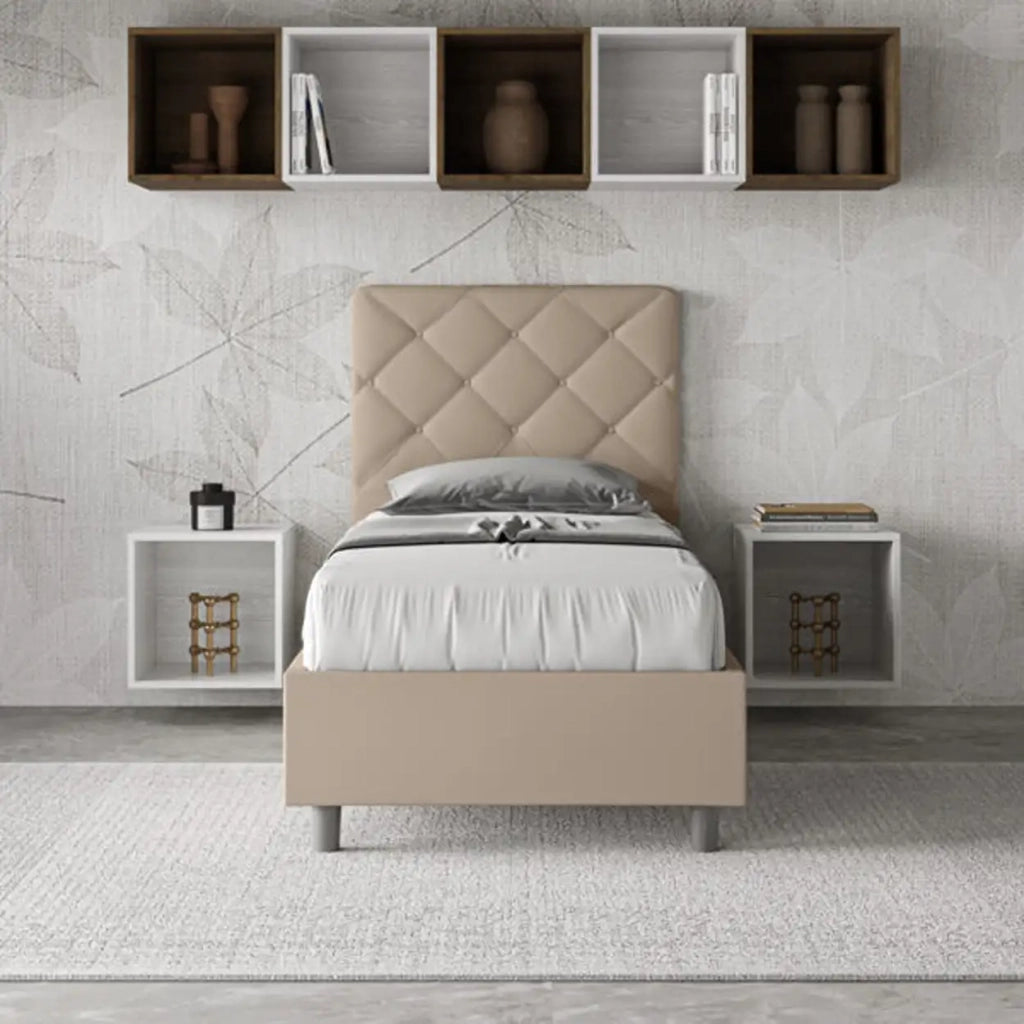 Letto singolo senza rete imbottito 80x190 similpelle tortora Priya