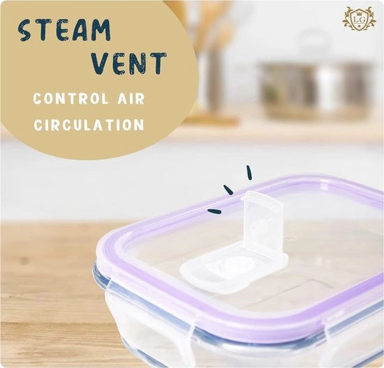Contenitore a 4 pezzi per alimenti in vetro 600 ml. Ermetico e dotato di valvola di scarico per vapore. Cassetto per conservazione adatto per il forno a microonde, forno, lavastoviglie e congelatore. Senza BPA.