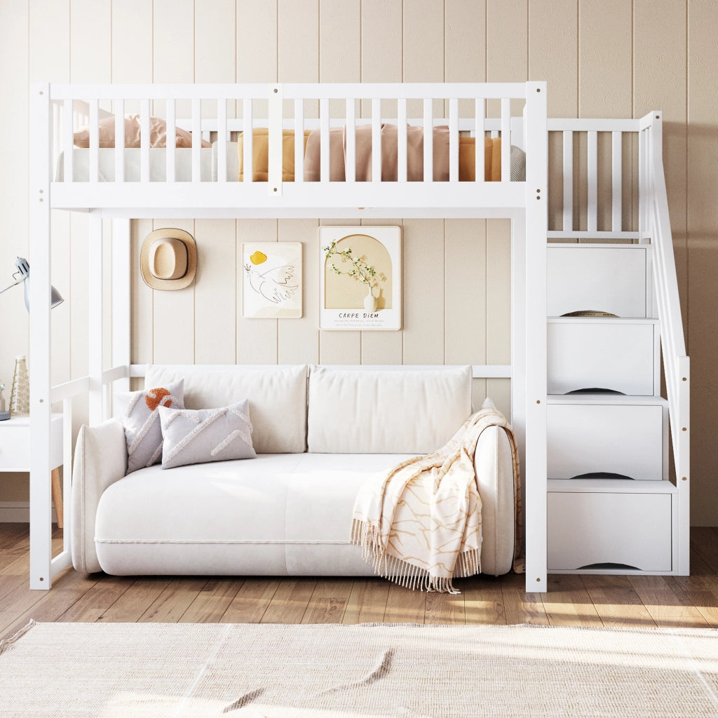 Letto a soppalco in pino massello con scala contenitore di sicurezza e recinzione; bianco; 140x200 cm; senza materasso
