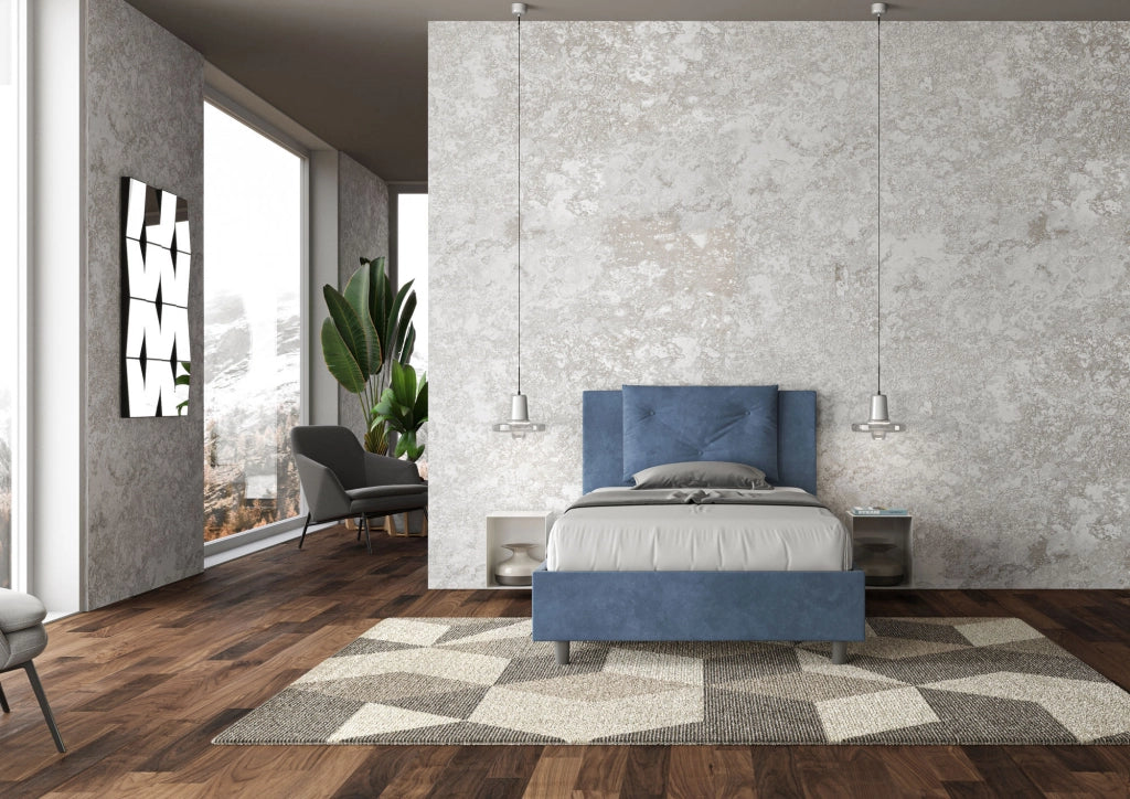 BS COM Letto singolo con rete imbottito 100x200 microfibra blu