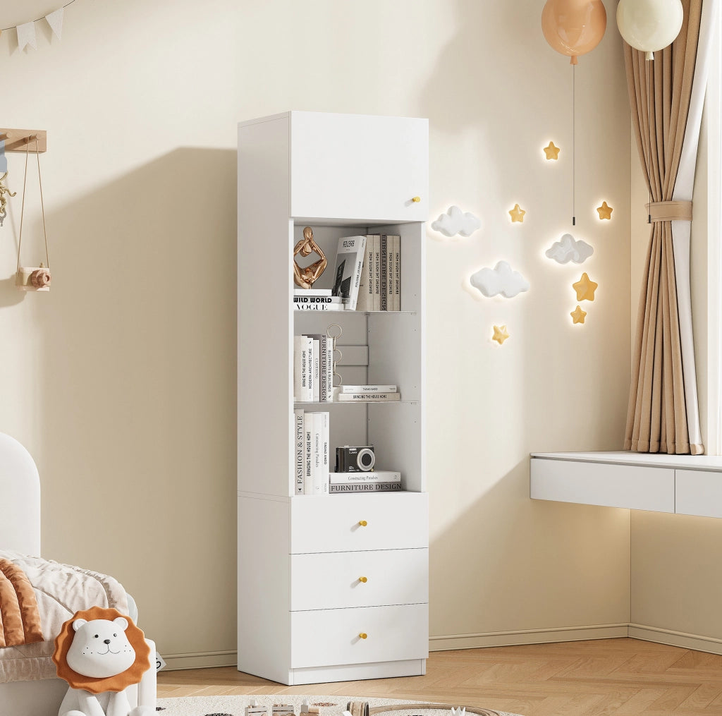 Vetrina alta bianca 50x40x180 cm in MDF e vetro con ripiani regolabili e 3 cassetti