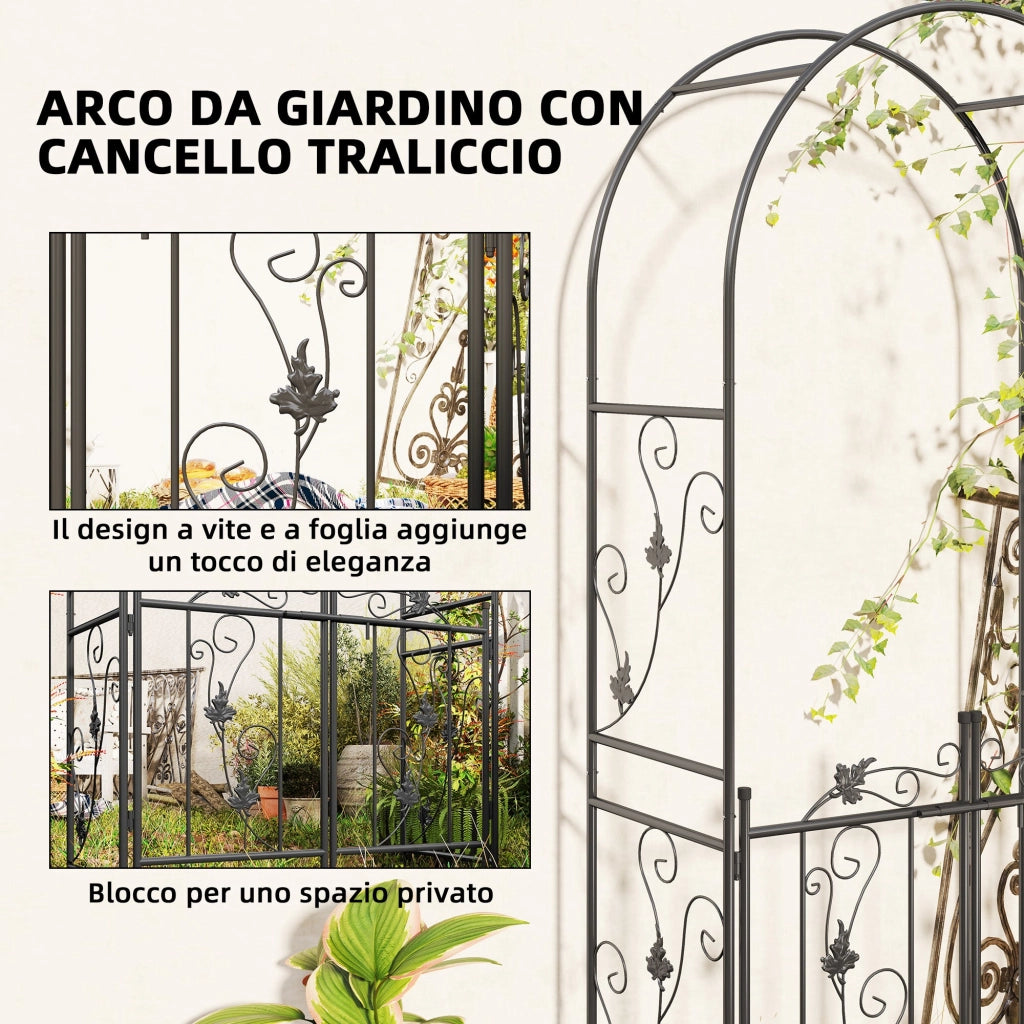 Arco da Giardino con Cancello 107x45x217 cm Traliccio per Piante Rampicanti in Metallo Nero
