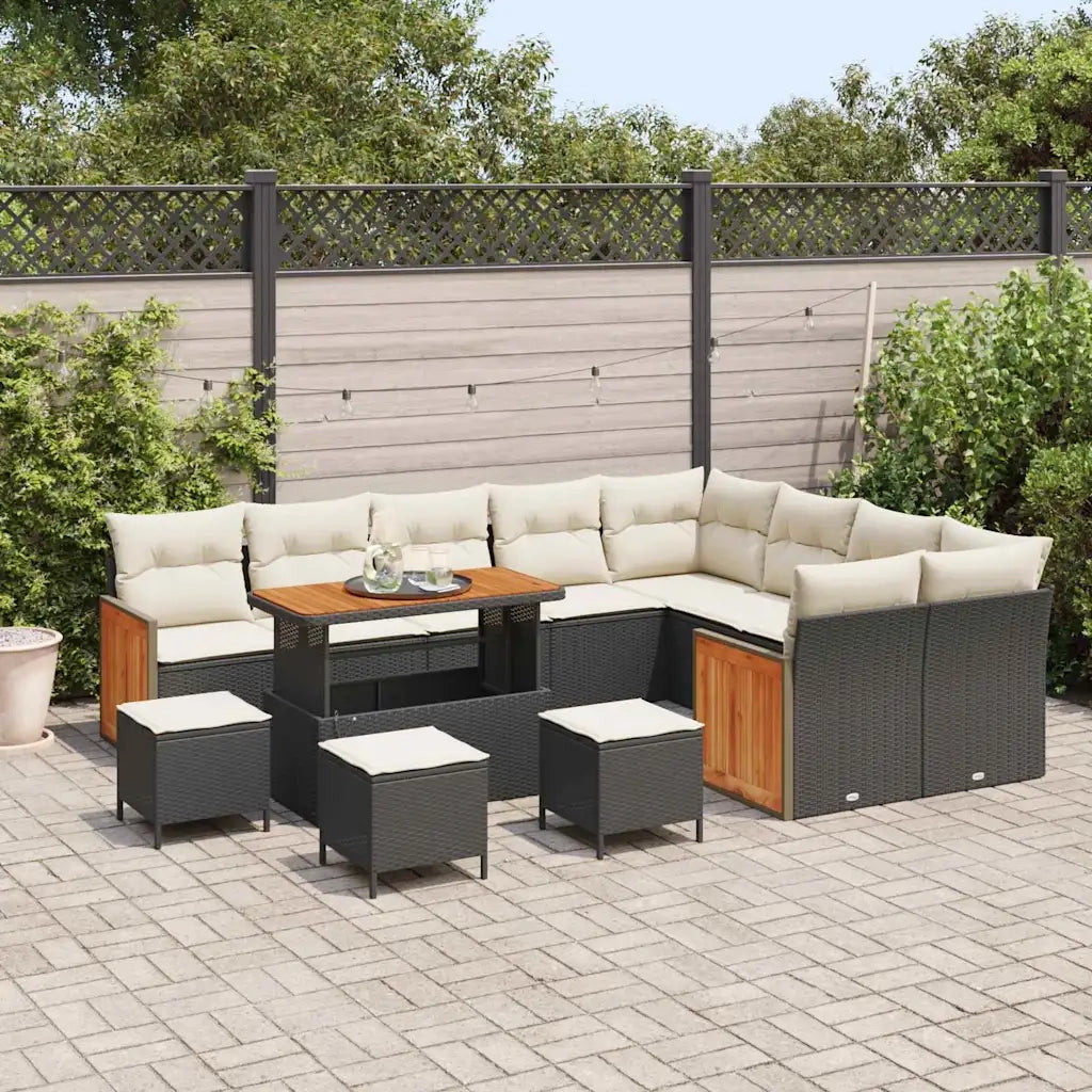 Set Divano da Giardino 14 pcs Nero e Crema polyrattan