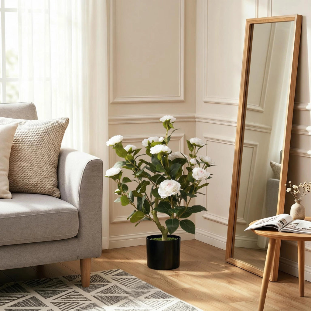 Pianta Artificiale di Camelia 65cm ¨C Xylo ¨C Fiori Seta Realistici 116 Foglie Effetto Musgo Bianco