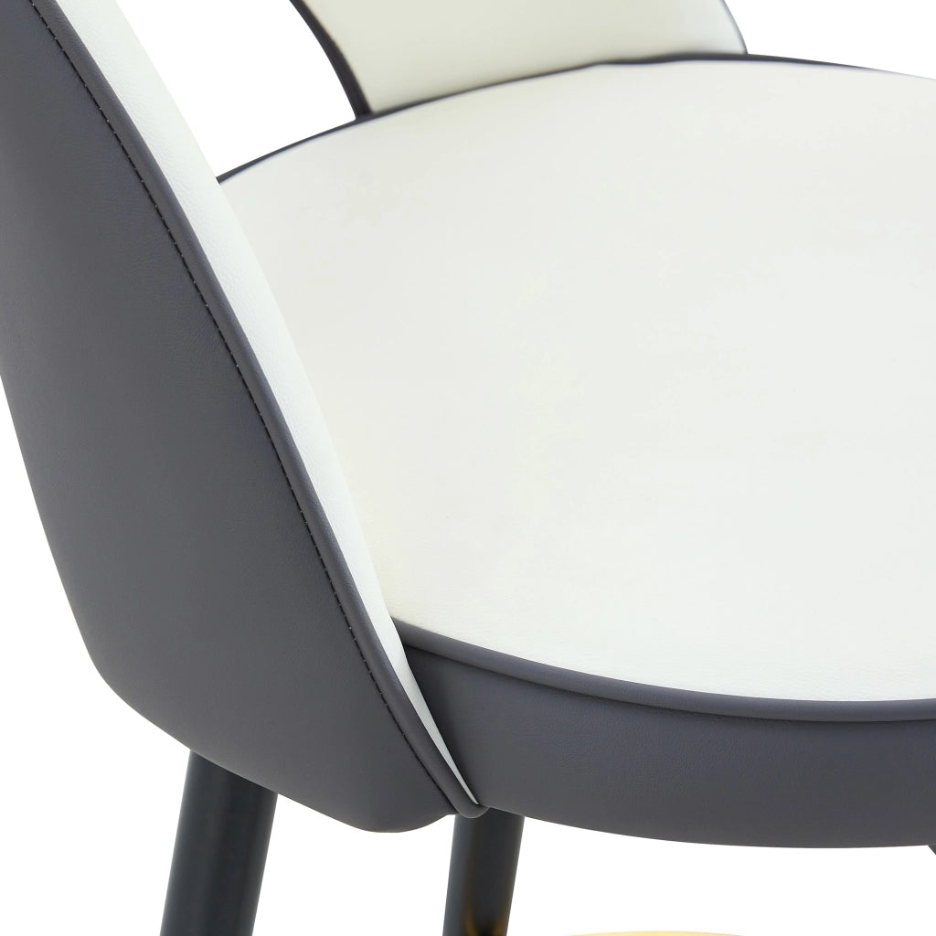 Sgabello bar girevole a 360° con schienale traforato, seduta bicolore grigio scuro e bianco, struttura in metallo e rivestimento in PU